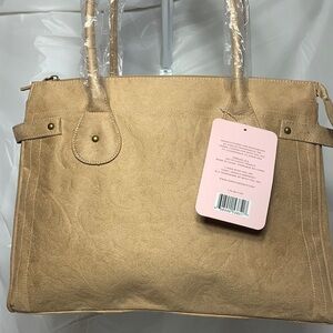 JESSICA Simpson Jessica's Fancy Gift Bag Light Tan Debossed Floral Fabric Tote